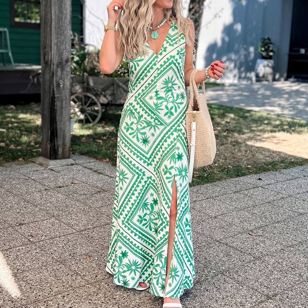 Mon Renn Losas Emerald Green Floral Geometric V-Neck Front Slit Maxi Dress S
